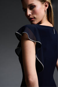 Joseph Ribkoff Ruffle Detail Dress - Style 223735, sleeve, midnight blue