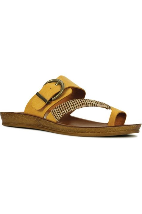 Los Cabos Slide Sandal - Style Bria, front angle, mustard