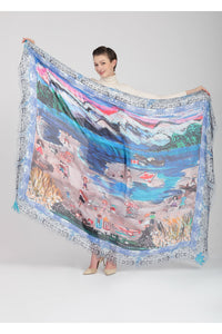 Love's Pure Light "Life is a Never-Ending Beach" Rathtrevor Beach with Provincial Flower BC Dogwood Silk Shawl - Style D-364