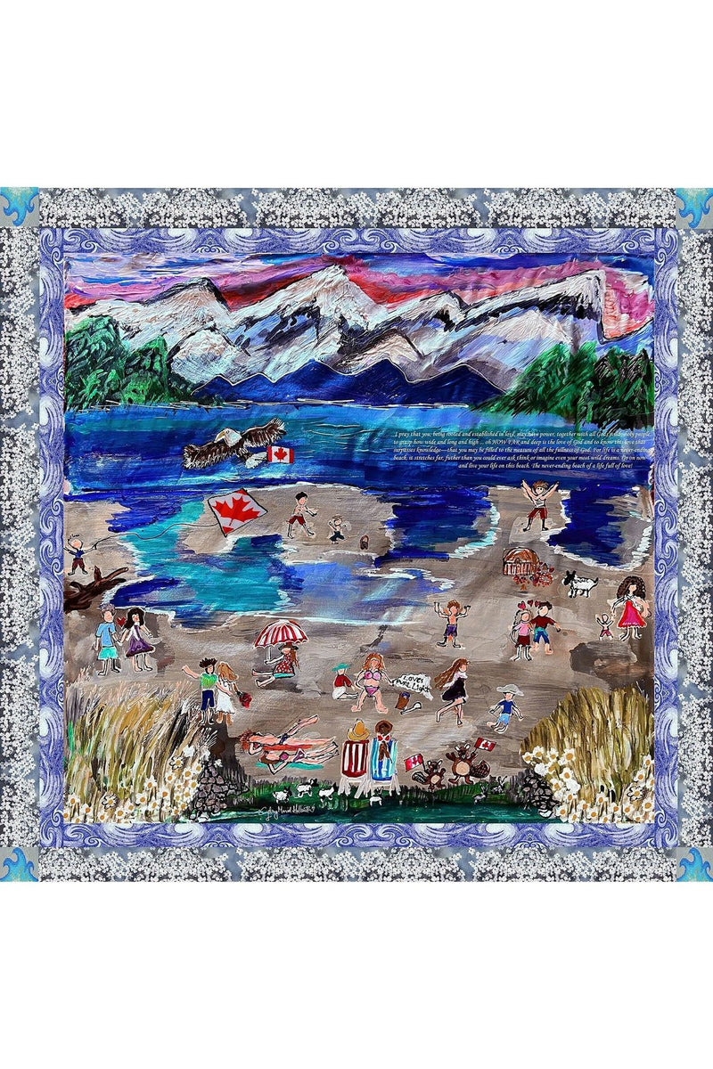 Love's Pure Light "Life is a Never-Ending Beach" Rathtrevor Beach with Provincial Flower BC Dogwood Silk Shawl, artwork