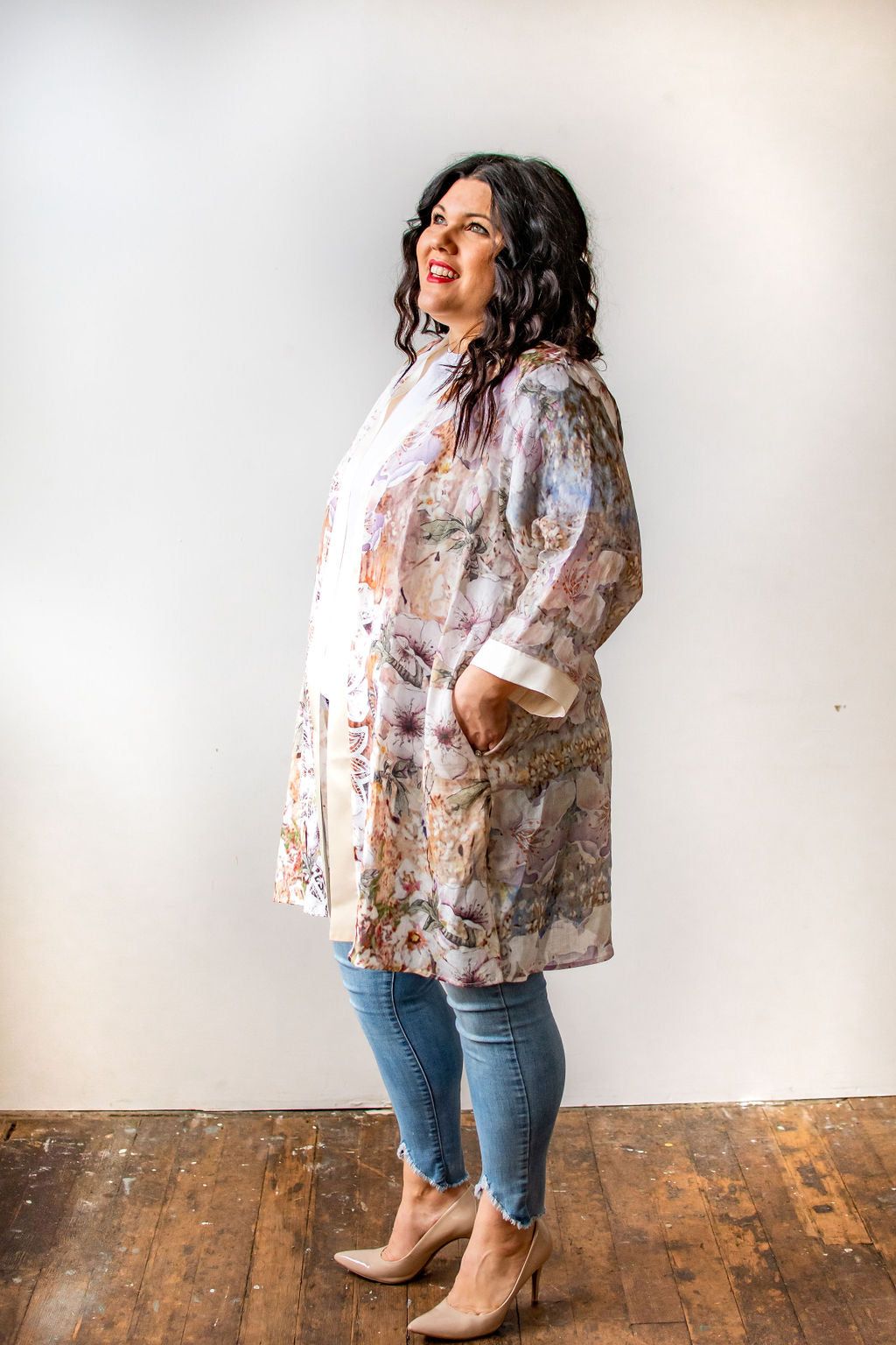 Love's Pure Light "Shalom Almon Blossoms" Silk & Linen Kimono - Style 402K, side