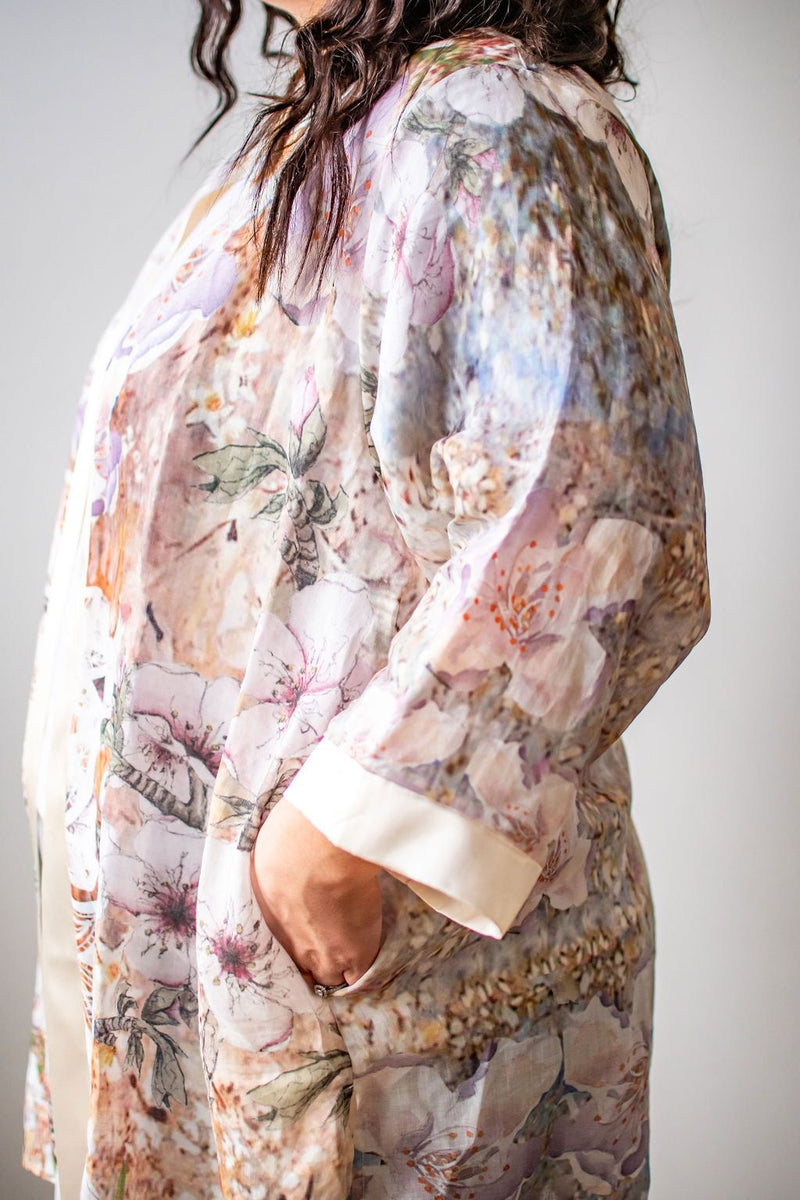 Love's Pure Light "Shalom Almon Blossoms" Silk & Linen Kimono - Style 402K, side2