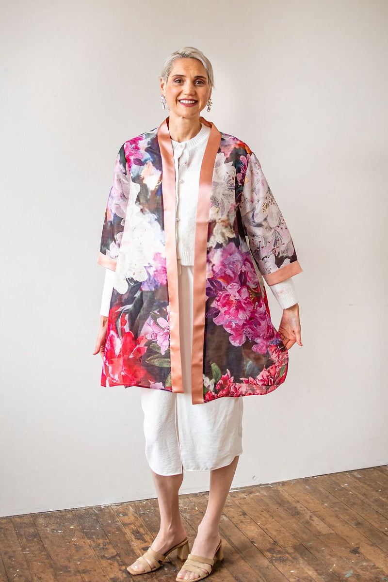 Love's Pure Light "Living in the glory - Rhododrendrons" Silk & Linen Kimono - Style 421K, front