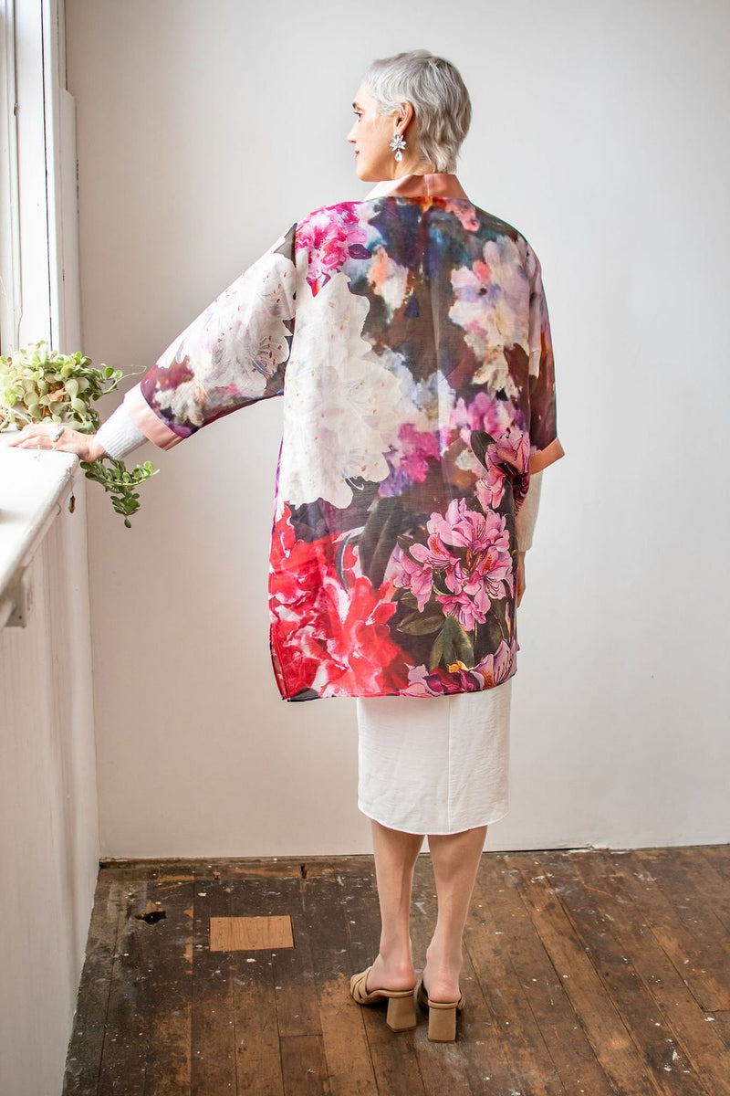 Love's Pure Light "Living in the glory - Rhododrendrons" Silk & Linen Kimono - Style 421K, back