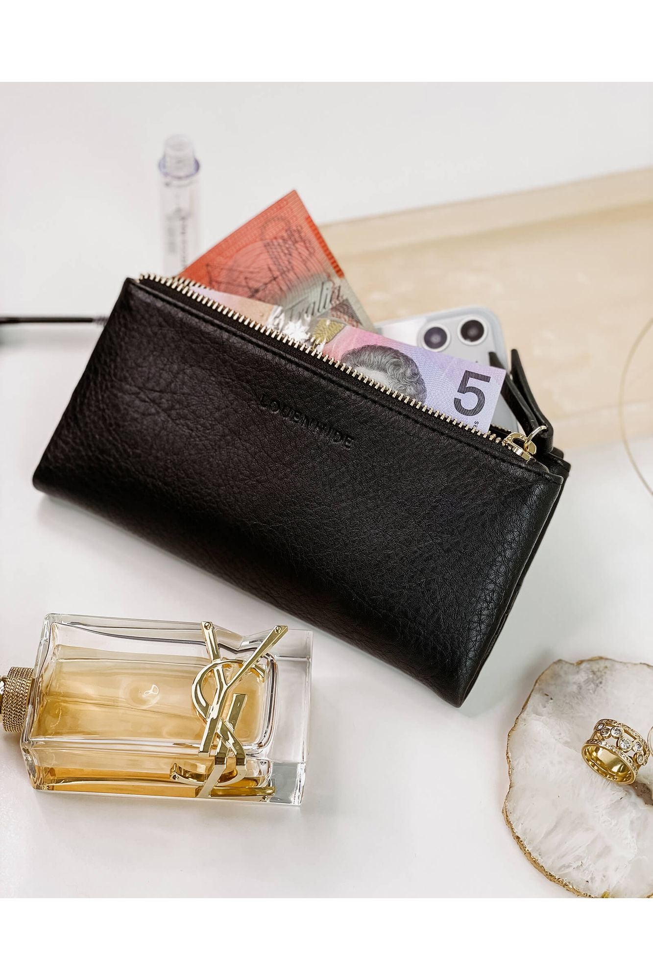 Louenhide Delta Wallet - Style 1628, front w/ money, black