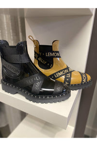 Lemon Jelly Frankie Ankle Rain Boot, pair, gold and black