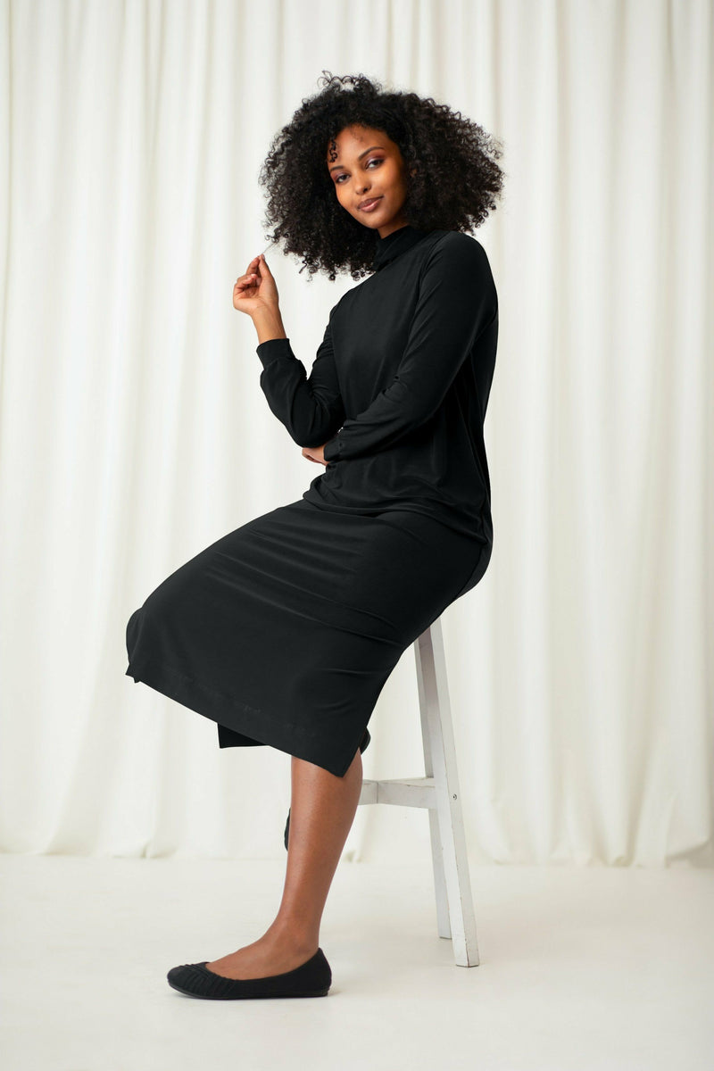 Sympli Turtleneck Gathered Sleeve Dress - Style 28116-3, black