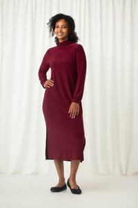 Sympli Turtleneck Gathered Sleeve Dress - Style 28116-3, front, pomegranate